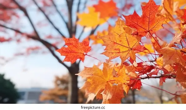 Maple leaves in autumn colors against blurred background