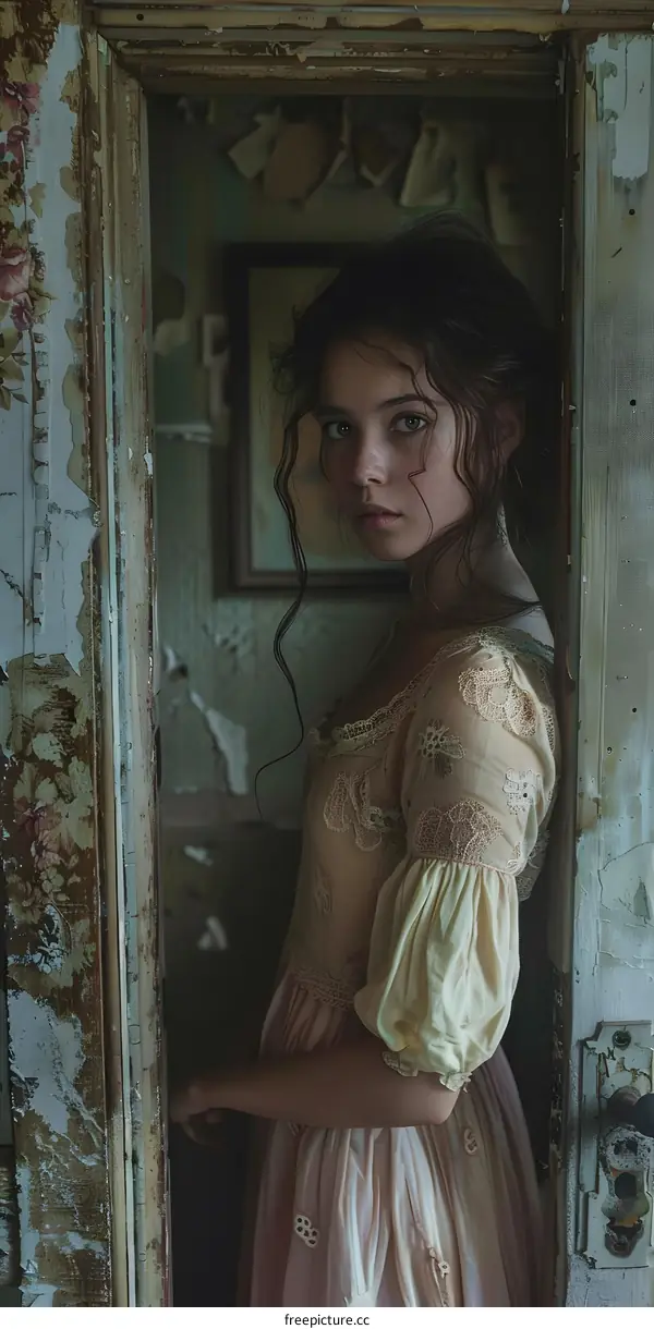 A girl standing in a ruined doorway