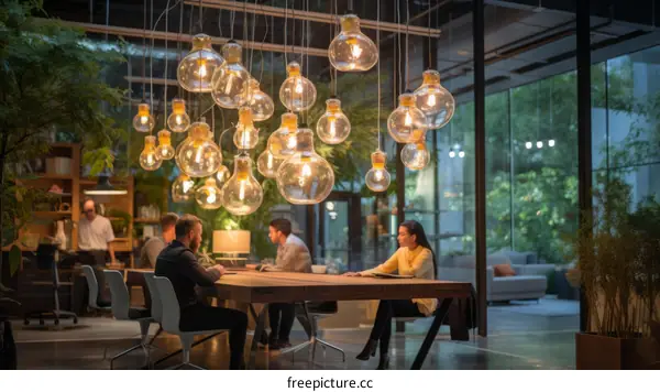 Colleagues discussing new ideas in a modern office