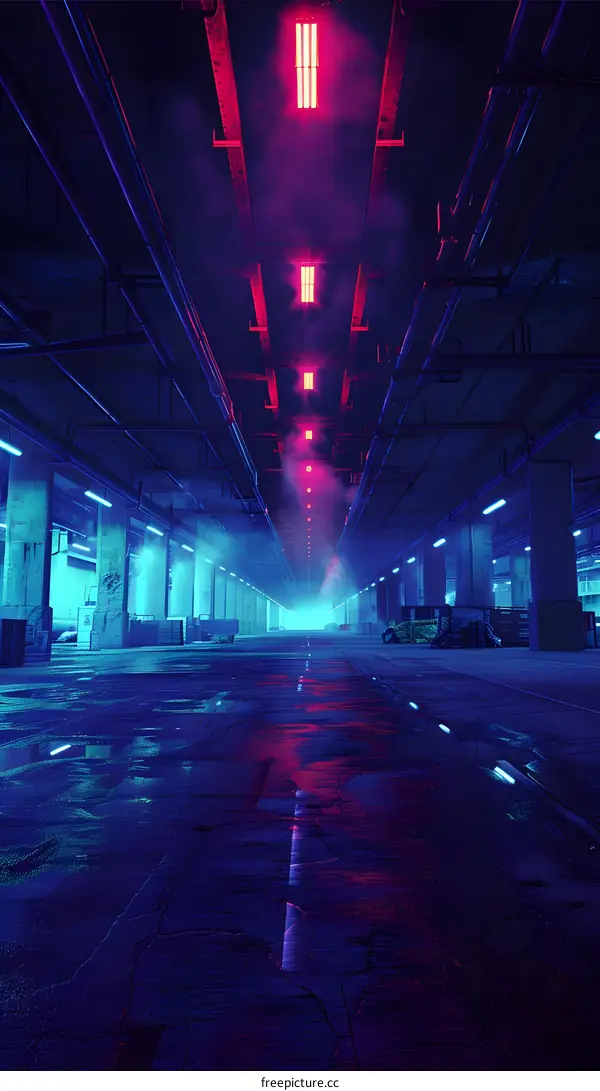 Neon Lights in Empty Underground Parking Garage