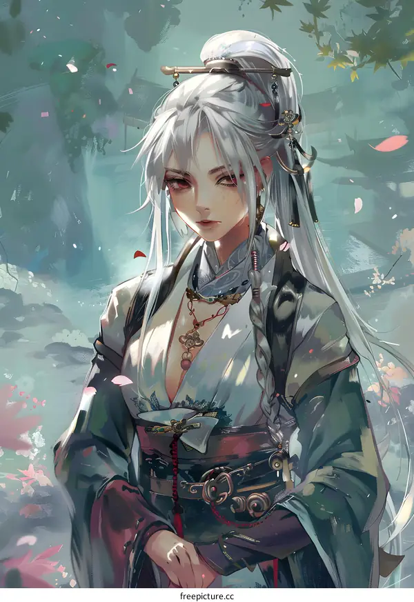 Elegant Anime Girl with Long White Hair Wearing Traditional Japanese Clothing