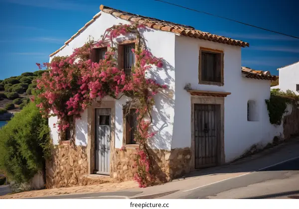 White house with pink flowers