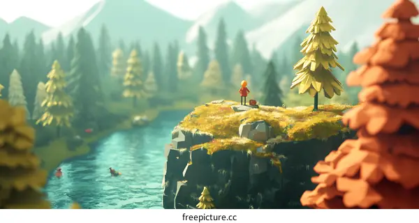 Low Poly Forest Scene With Person Standing On Cliff