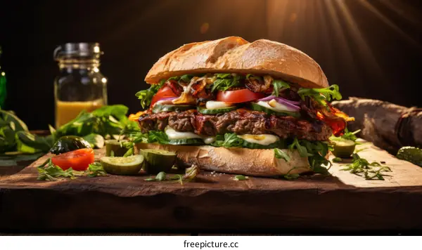 A delicious-looking burger with all the fixings