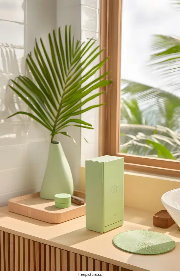 Green Bathroom Countertop With Palm Leaf and Toothbrush