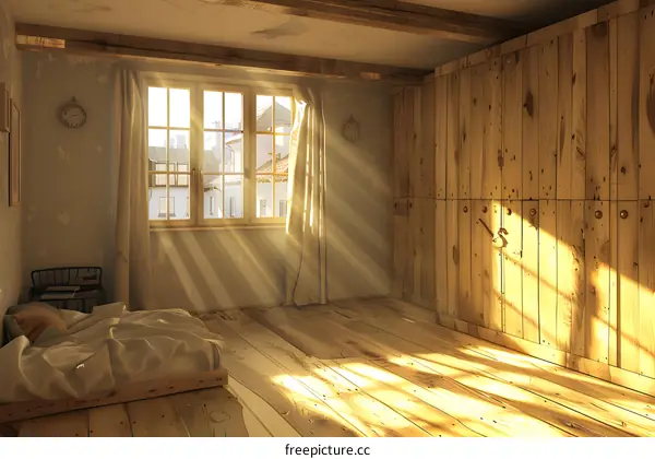 Wooden attic bedroom interior with large windows