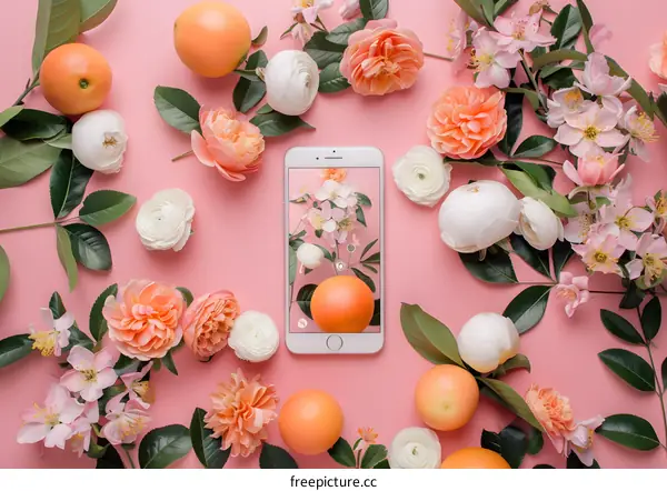 Pink Background Flat Lay with Flowers and Oranges