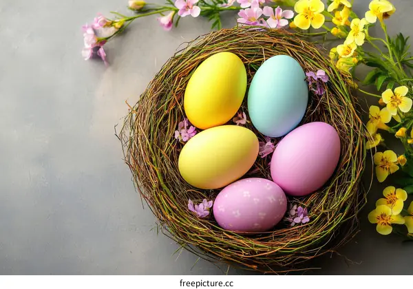 Colorful Easter Eggs in a Nest with Flowers