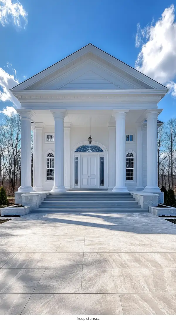 Grand White Mansion Exterior with Stone Patio
