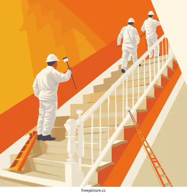 Three painters in white uniform painting the wall and staircase