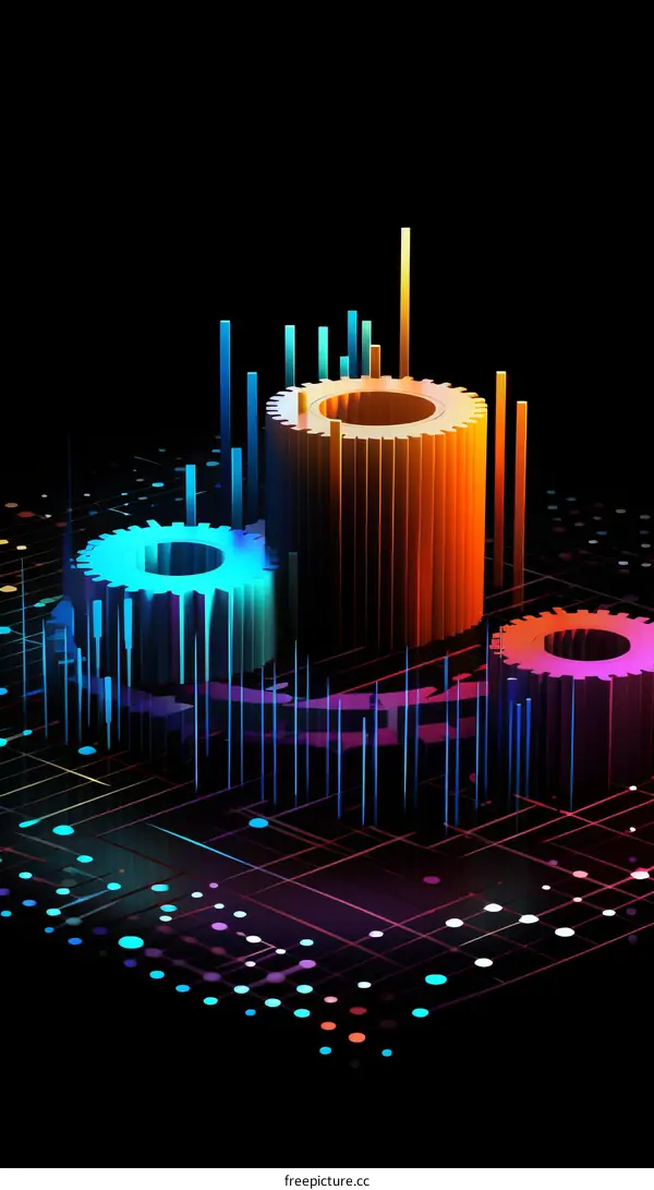3D illustration of gears and cogs with a glowing grid background