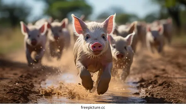 A group of piglets running in the mud