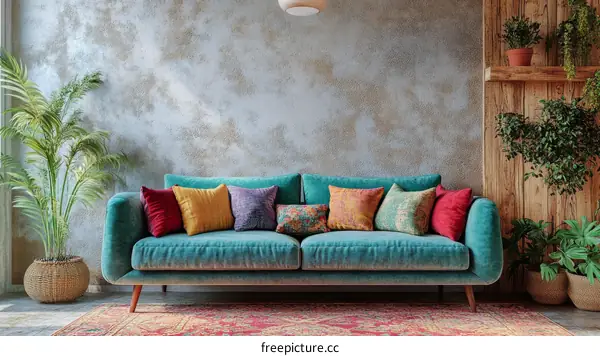 Bohemian Living Room with Teal Sofa