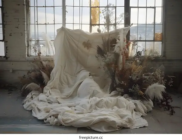 White Fabric Draped Over Dried Flowers In An Abandoned Building
