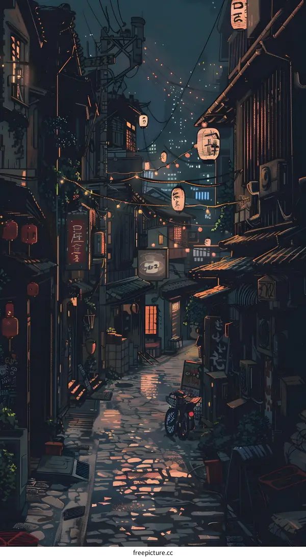 Night Illustration of a Japanese Street with Lanterns and Buildings