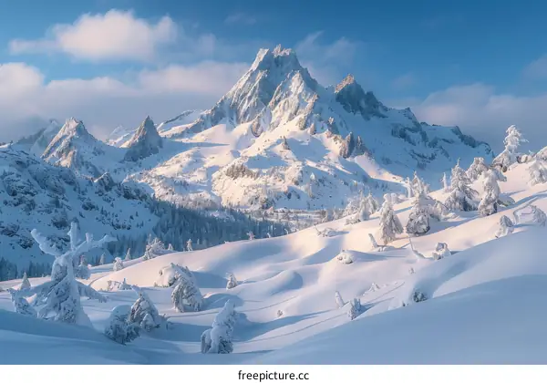 A winter wonderland of snow-capped mountains and frosted trees
