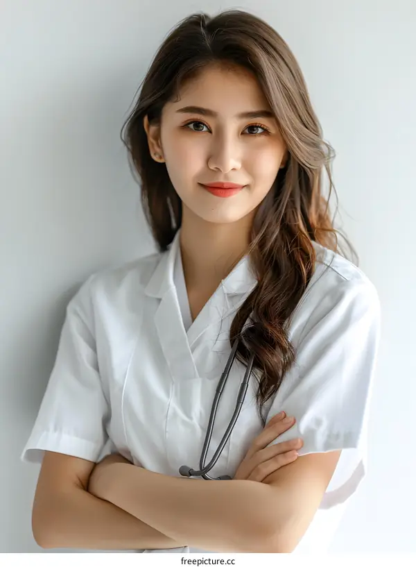 Smiling Female Doctor with Stethoscope Wearing a White Coat