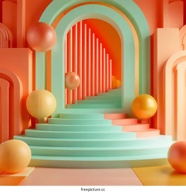 Abstract Geometric Stairway Scene with Colorful Balls