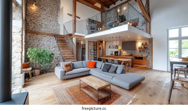 Rustic Open-Plan Living Space with Exposed Stone Walls