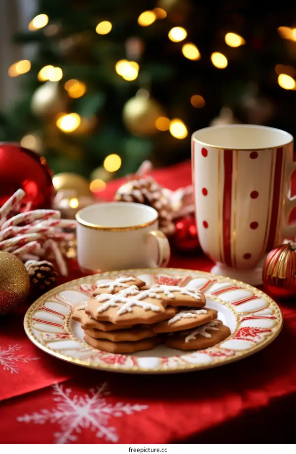 A plate of snowflake cookies on a table set for Christmas