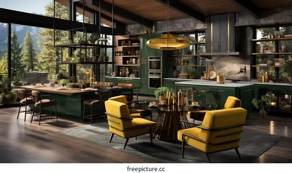 Modern kitchen with green cabinets and yellow chairs
