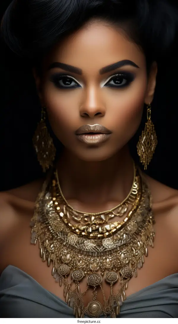Stunning Portrait of an African Woman Wearing Gold Jewelry