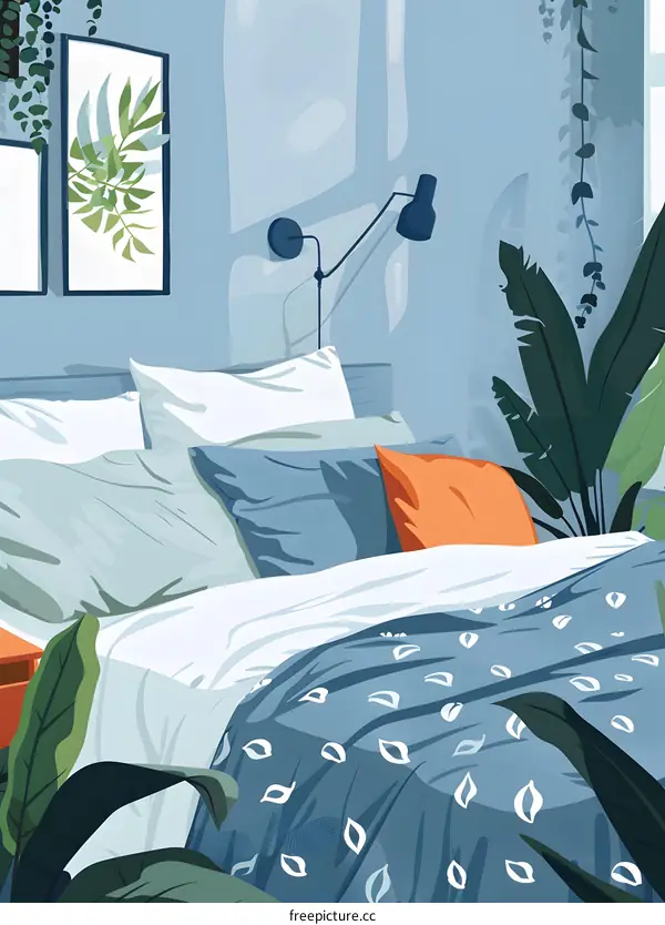 Blue Bed with Plant Illustration