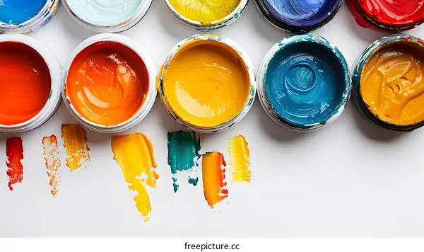 Colorful Paint Cans with Swatch Samples on White Background