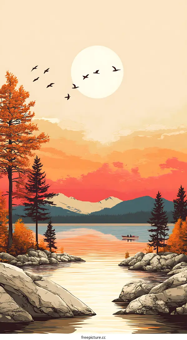 Sunset Landscape with Mountains, Lake and People in a Boat