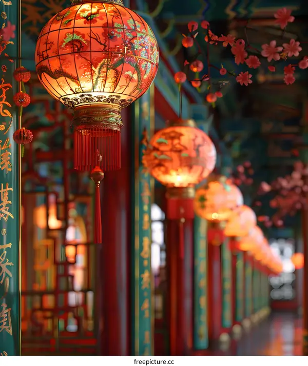 Red lanterns hang high,烘托出节日的气氛