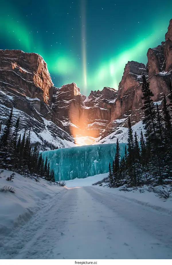 Frozen Waterfall and Northern Lights Under Starry Sky