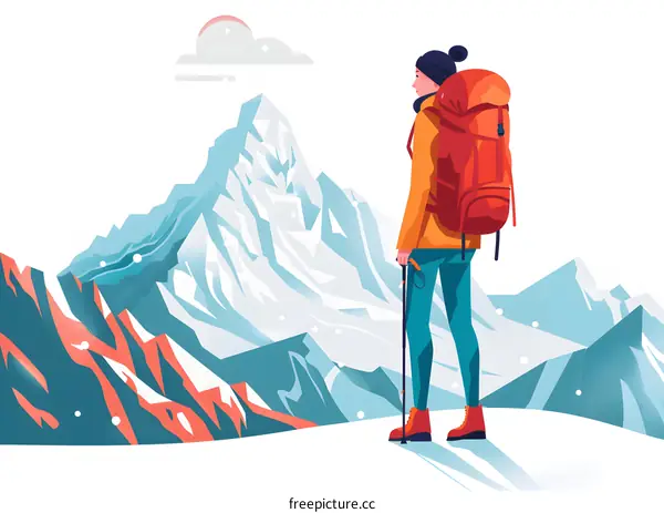 Woman Hiking on Snow Mountain With Backpack