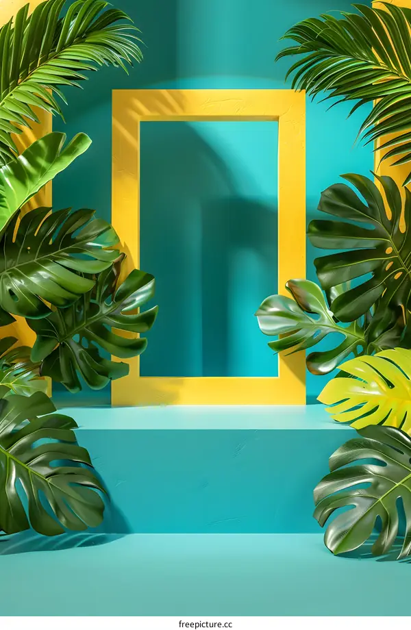 Tropical Leaves Background With Yellow Frame