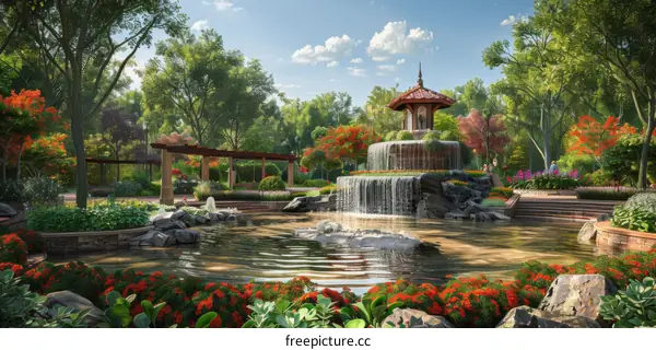Fountain and Flowers in a Serene Park