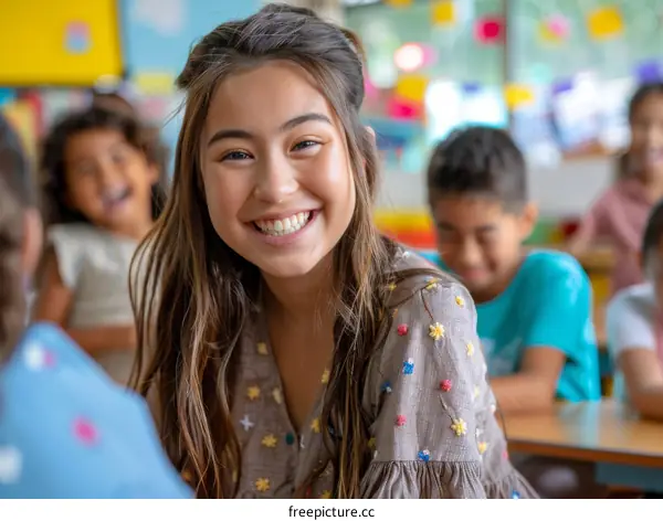 Happy Asian Student Girl Smiling in Classroom