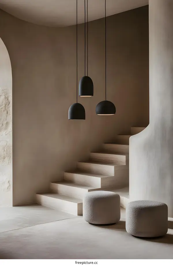 Modern Minimalist Interior Design With Hanging Lights and Stairs