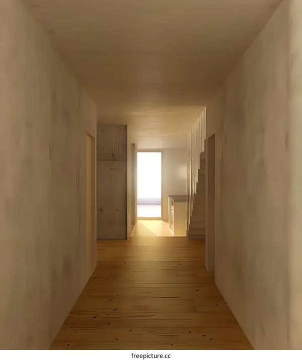 Modern Minimalist Interior Design Corridor With Wooden Floor And Concrete Wall