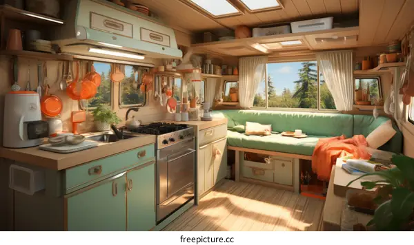Cozy Kitchenette in a Retro Camper Van