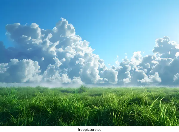 Beautiful green field under blue sky with white clouds
