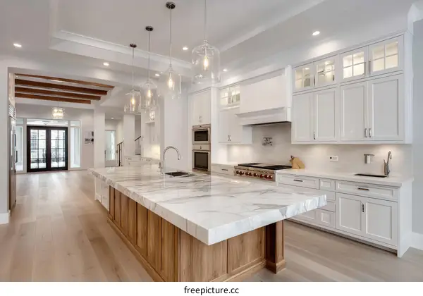 Modern Elegant White Kitchen with Wooden Island