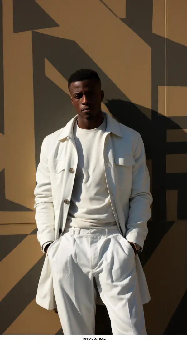 Black man wearing white outfit posing against patterned wall