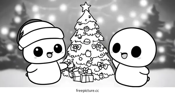 Cute Cartoon Snowman and Ghost Celebrating Christmas