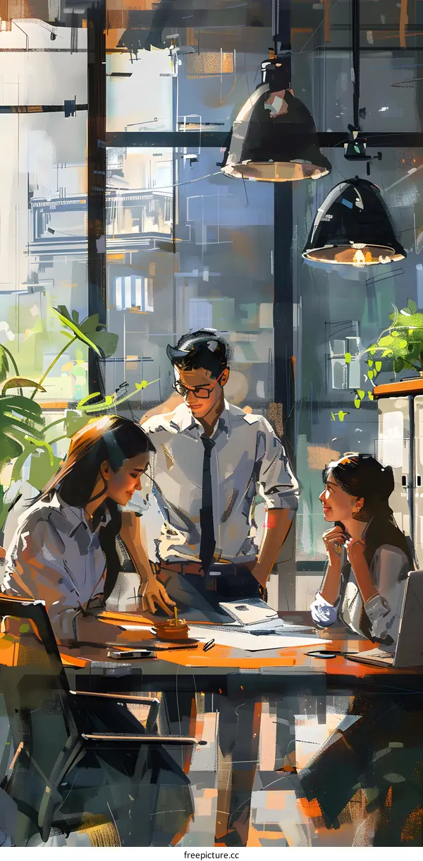 Three business people discussing work in an office
