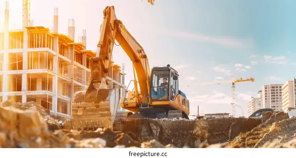 An excavator is digging the ground at a construction site with two tower cranes in the background