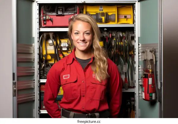 Portrait of a smiling female firefighter standing in front of an open equipment cabinet