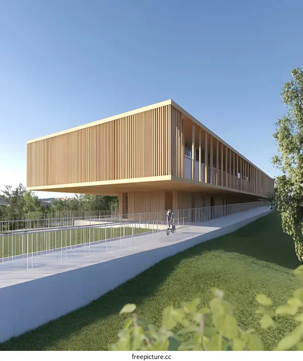 Modern Wooden Building with Person on a Bike