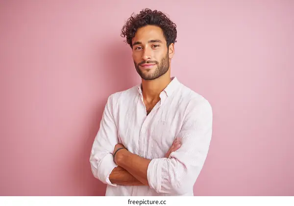 Confident Man in Light Pink Background Portrait