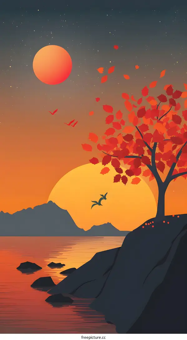 Sunset Landscape With Red Tree