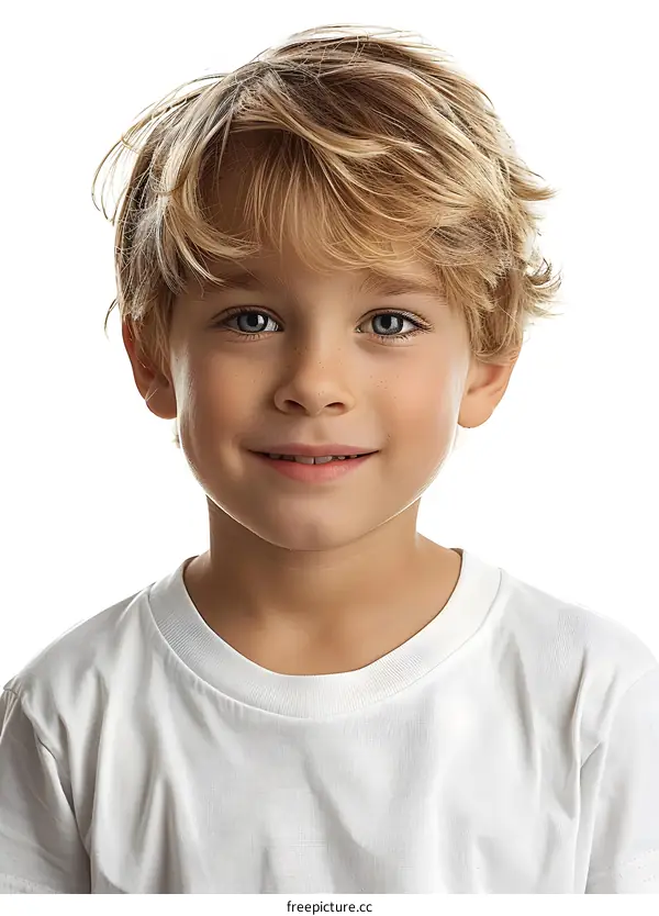Portrait of a happy smiling boy with blond hair and blue eyes