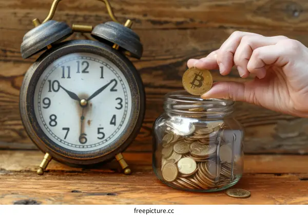 A hand putting a Bitcoin coin into a jar with a clock in the background